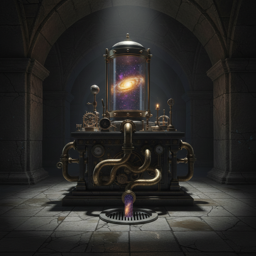 A miniature swirling galaxy inside a glass cylinder on a brass altar being funnelled into a concrete floor drain.