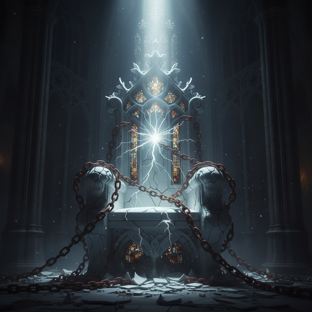 A fractured white stone throne wrapped in heavy rusted chains inside a dark, gothic setting. Bright electrical energy bursts from the centre, shattering the throne's foundation.