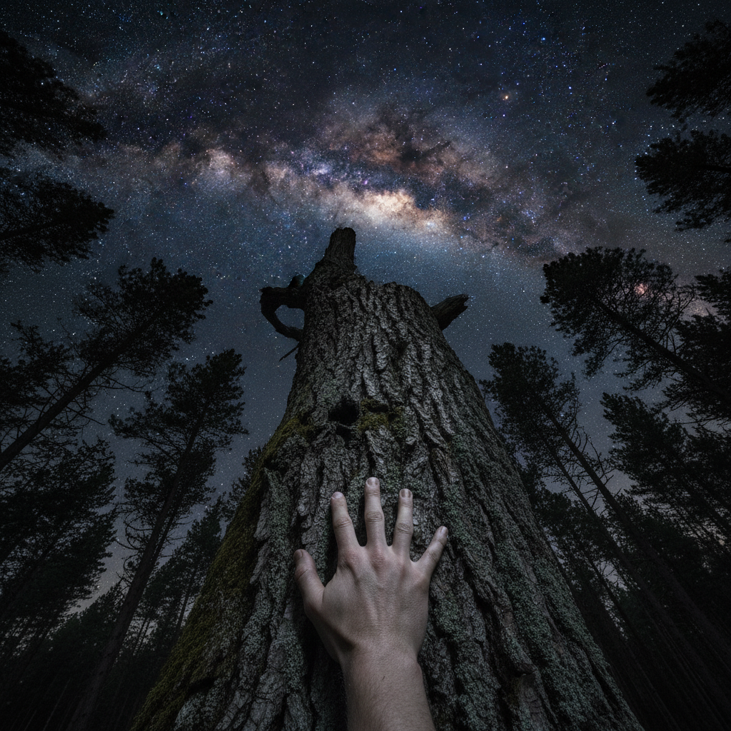 A low-angle shot of a human hand pressed against the rough bark of a tall, thick tree trunk at night. Above the tree, a vibrant, starry Milky Way stretches across the dark sky.