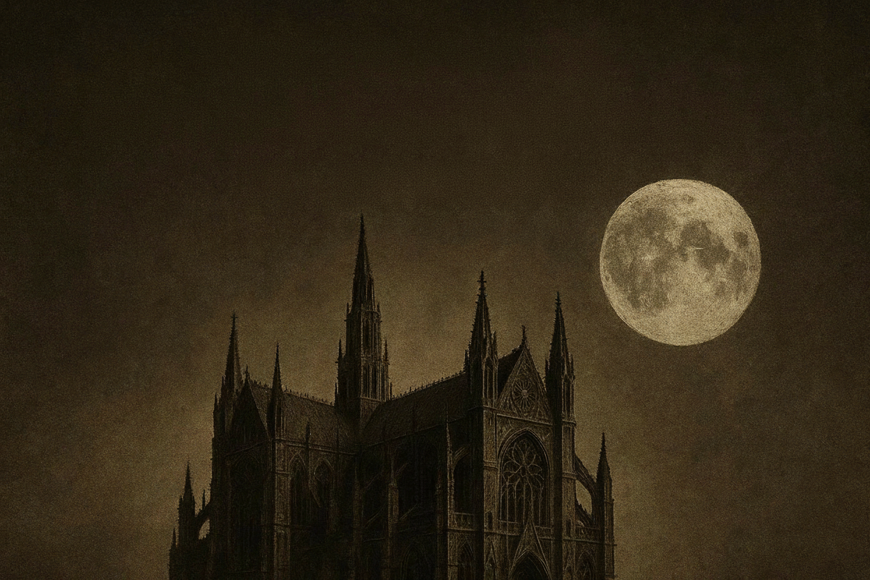Gothic cathedral under a full moon