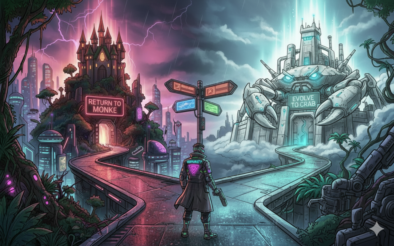 "Evolve to crab or return to monke" meme in cyberpunk art style