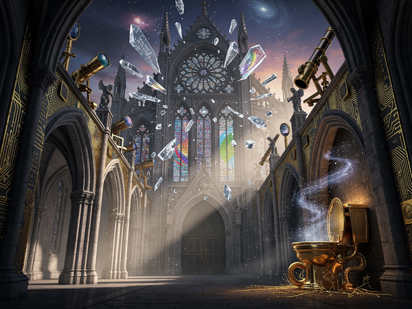 A gothic cathedral with floating glass shards drifting in mid-air beneath a star-filled sky, brass telescopes line the sides and a golden toilet sits in the foreground