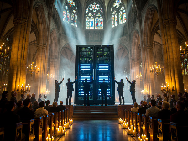 A dramatic Gothic cathedral interior bathed in warm candlelight, where a massive server rack with glowing blue lights stands at the altar like a digital idol.