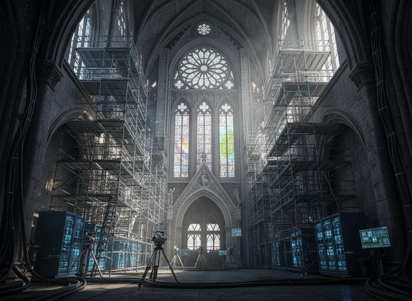 Inside a stone cathedral, modern tech takes over. Metal scaffolding, survey tripods, data cables, and blue server racks contrast with the high vaulted ceilings and stained glass. 